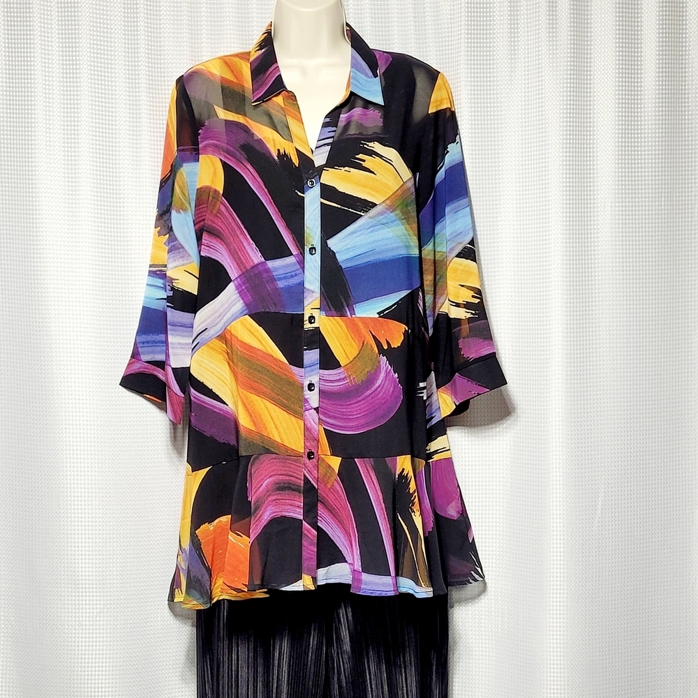Y2K Lior Paris Donna Multi-Color Abstract Artsy 3/4 Sleeve Blouse Women's (M)